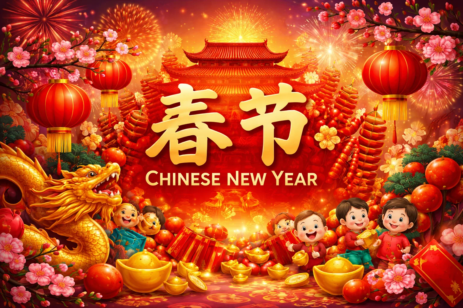 Vibrant Chinese New Year illustration with lanterns, fireworks, dragon, and the characters 春节