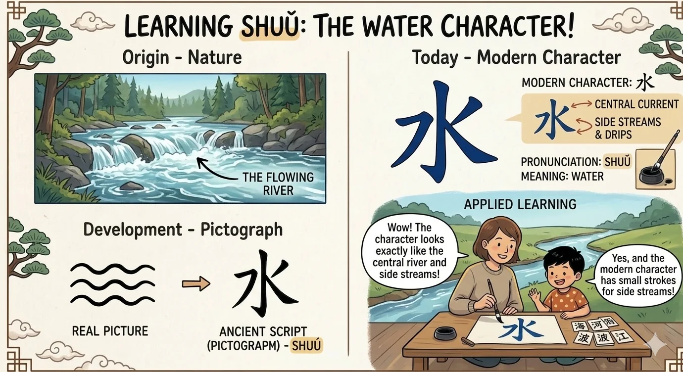 Learning the water character 水 (shuǐ) — from flowing rivers to modern pictograph